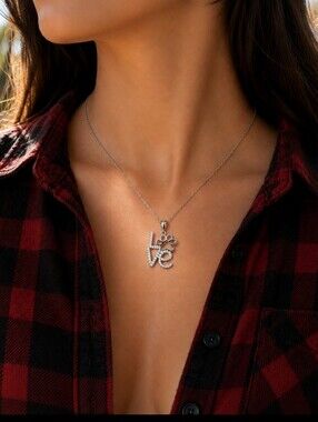 Sterling Silver 925 Pave Cubic Zirconia Clear Pet Paw LOVE Pendant Necklace NWOT